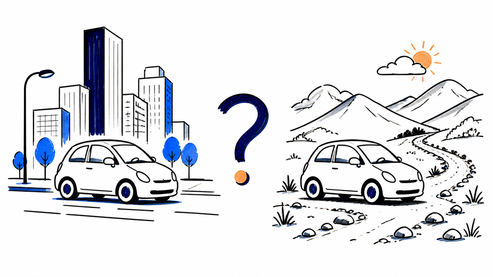 O mesmo carro em uma rua de cidade e em uma estrada de terra: o contexto muda o projeto