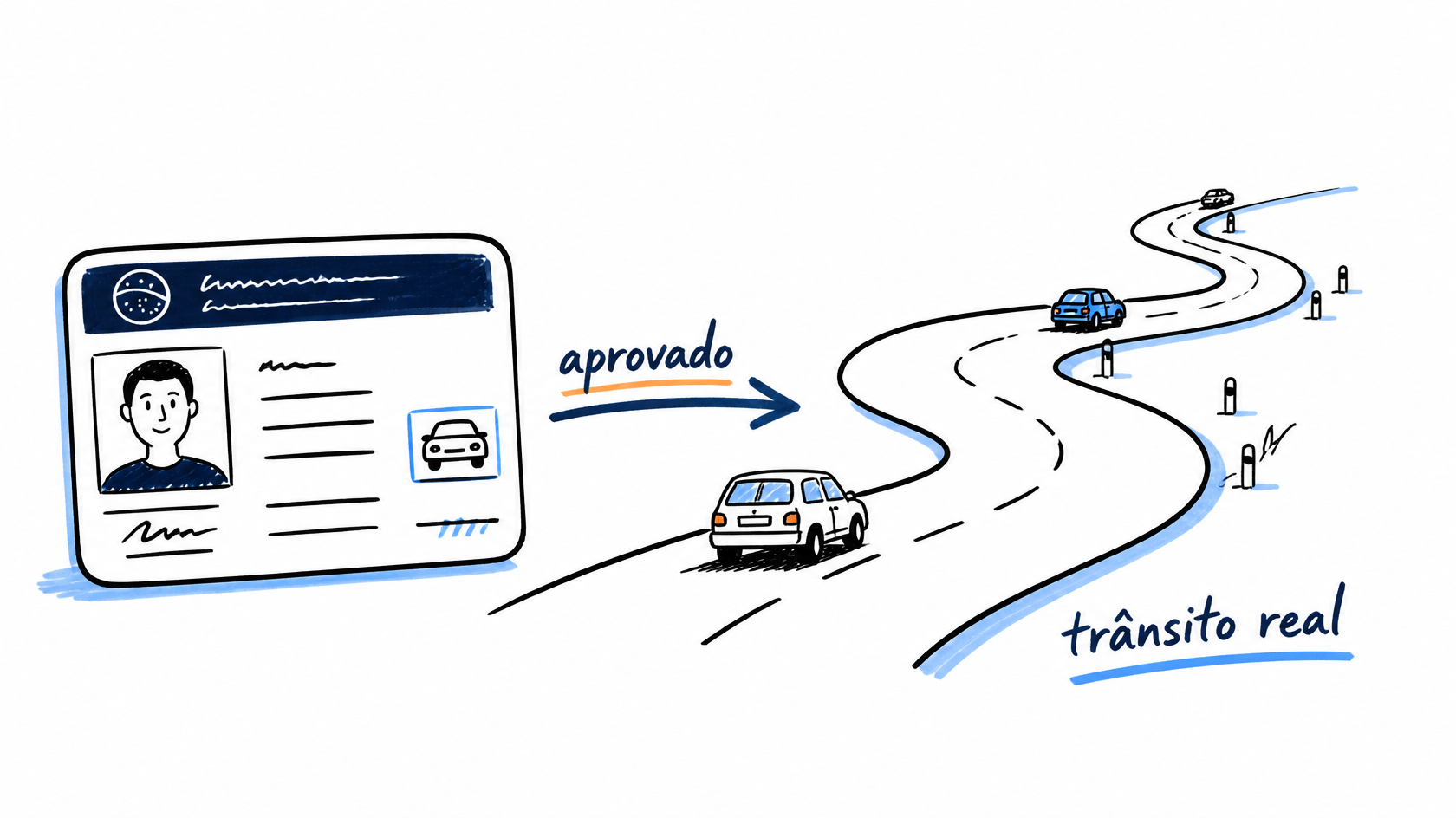 Carteira de habilitação ao lado de uma estrada sinuosa: aprovado, mas o aprendizado continua no trânsito real